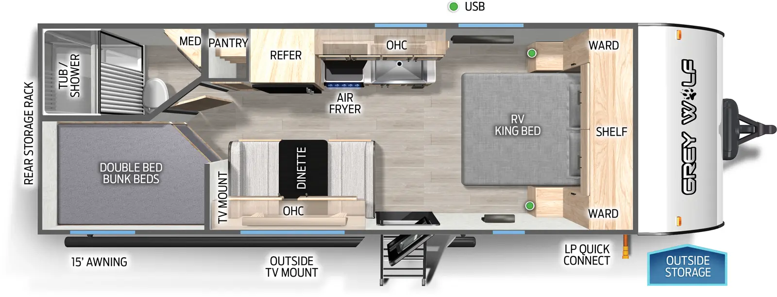 The Grey Wolf 22MKSE floorplan has one entry and zero slide outs. Exterior features include: metal exterior and 15' awning. Interiors features include: bunk beds and front bedroom.